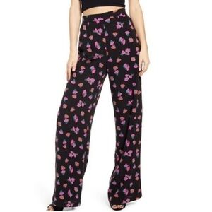 WAYF Palazzo Pants Black Pink Floral Flat Front Wide Leg Lined Boho Size S